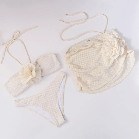 Women’s 2025 Floral 3‑Piece Bikini Set – Solid Bandage Swimsuit with Matching Cover‑Up