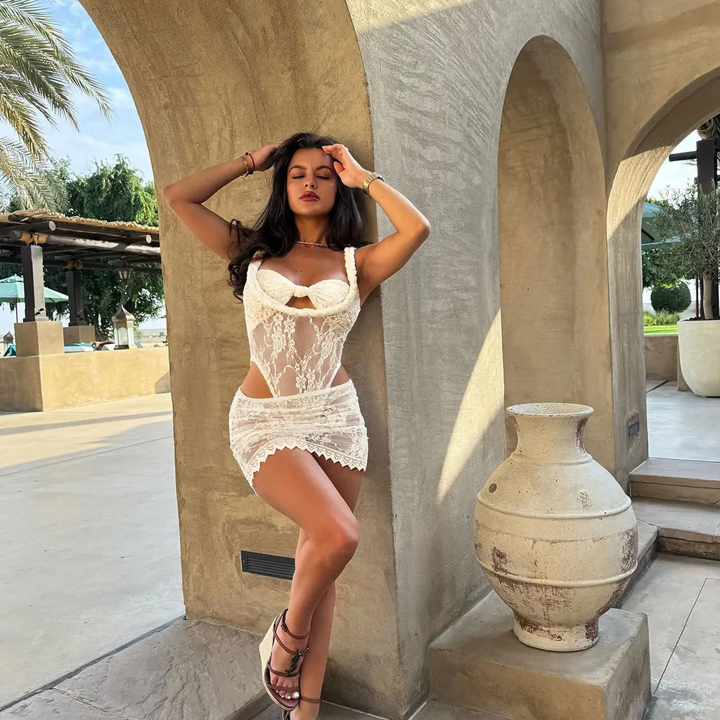 Women’s Lace Swimsuit with Skirt – High‑Leg Bikini Set Summer Beachwear 2026