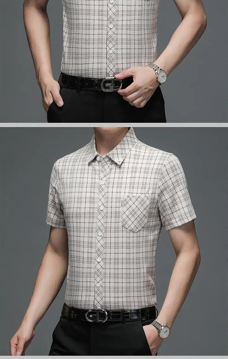 Grey Plaid Short‑Sleeve Button‑Down Shirt