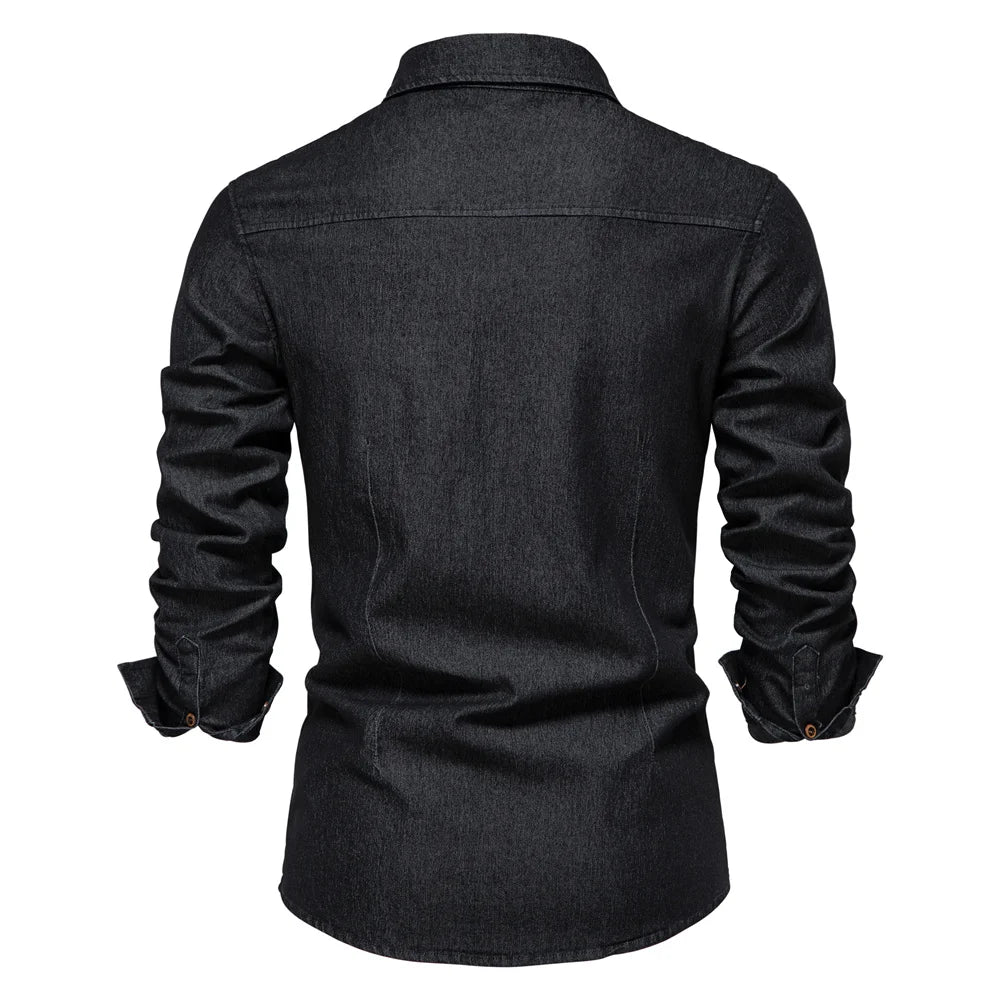 Men’s Elastic Cotton Denim Shirt – Slim‑Fit Long‑Sleeve Cowboy Western Casual Top | AIOPESON Designer Style