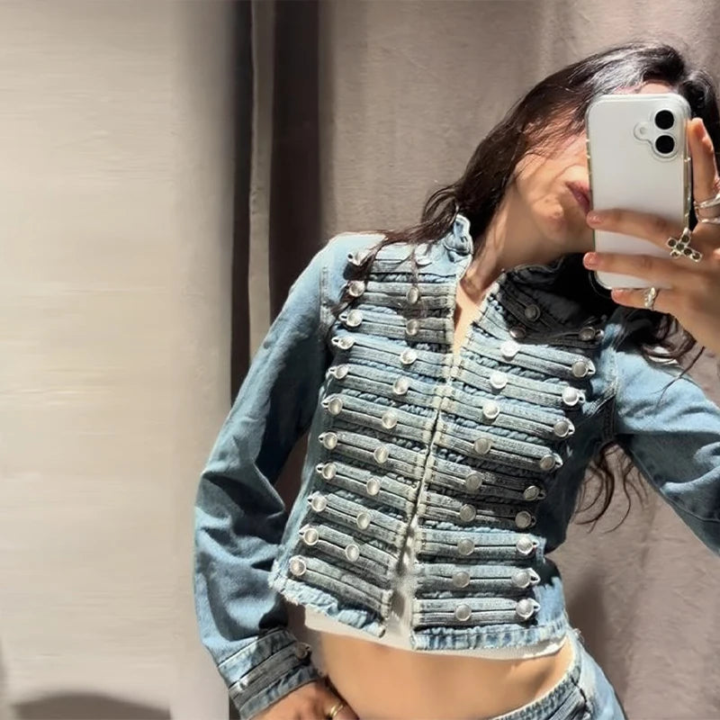 Chic Stand‑Collar Denim Coat & Shorts Suit
