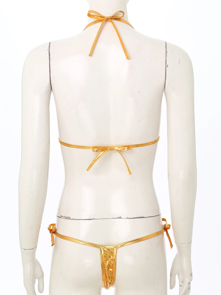Women’s Metallic Shiny Bikini Set – Lacing Brazilian Micro Swimsuit with Triangle Top & G‑String Bottoms