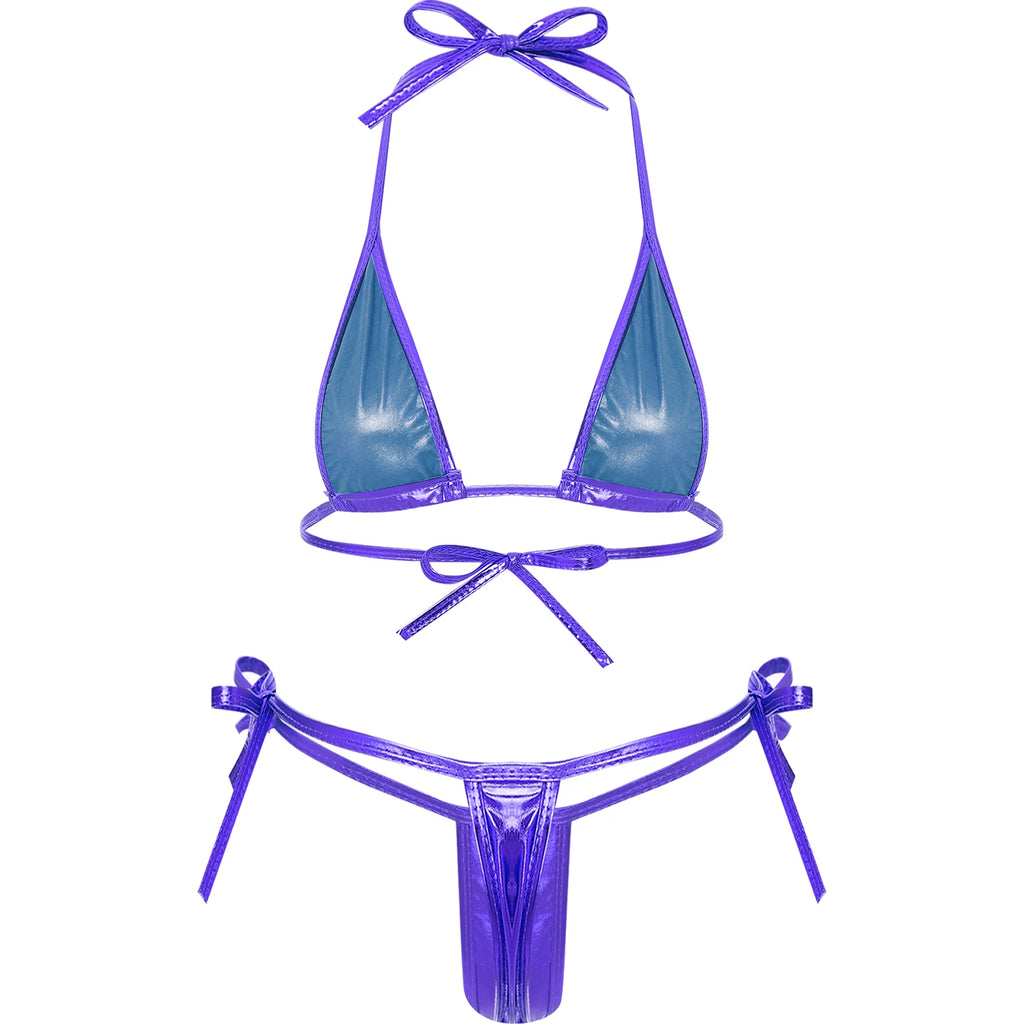 Women’s Metallic Shiny Bikini Set – Lacing Brazilian Micro Swimsuit with Triangle Top & G‑String Bottoms