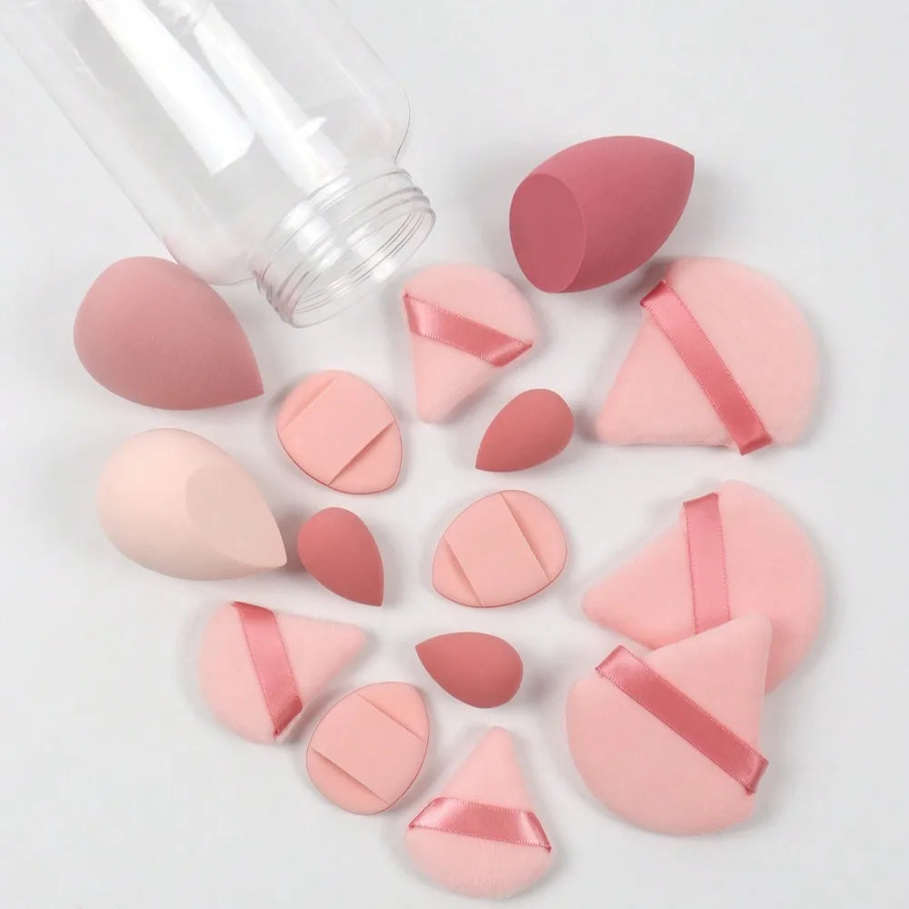 15pcs Makeup Sponge Set with Storage Jar – Powder Puff, Mini Finger Puff & Triangle Air Cushion Blenders