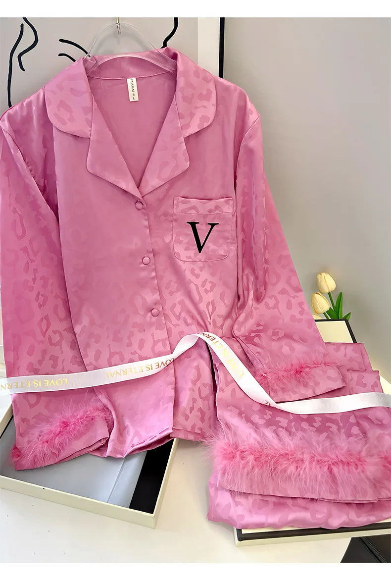 Female 2PCS Pajamas Set Spring Autumn Feathers Long Sleeve Trouser Suits Sleepwear Fashion Sexy Rayon Hot Pink Leopard Homewear