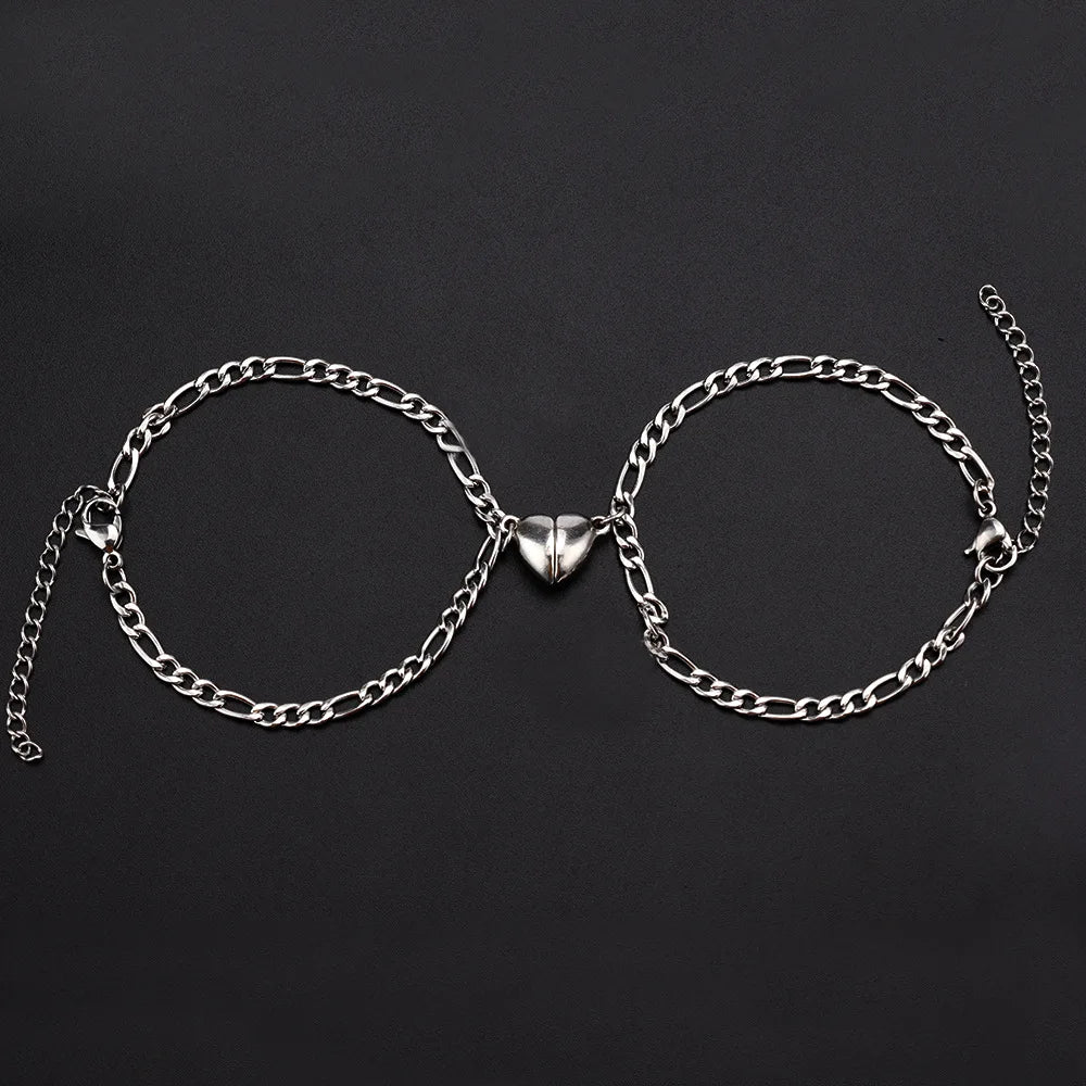 JWER 2Pcs/set Magnet Couple Bracelets Heart Attraction Bracelet Stainless Steel Charm Simple Cuban Chains Key Lock Jewelry Gifts