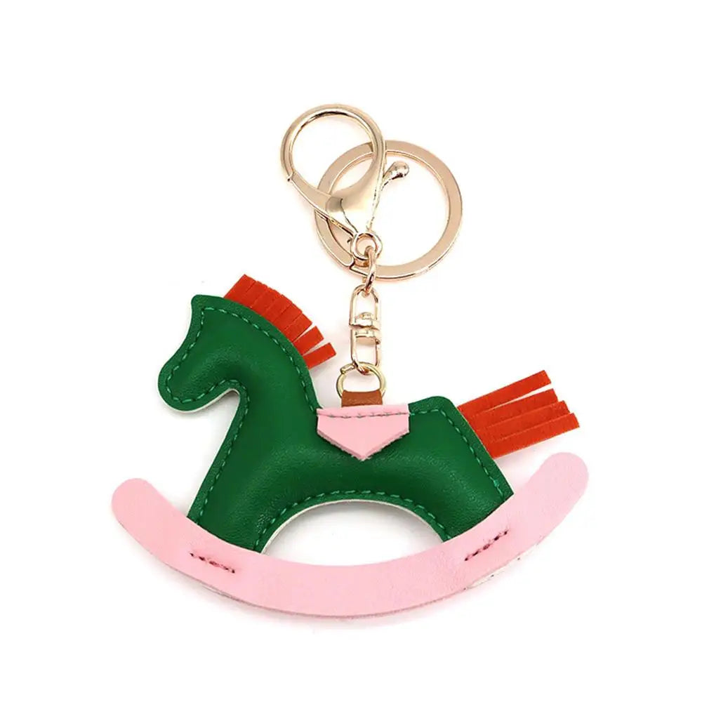 Cartoon Pony Rocking Horses Keyring Women Leather Charms Bag Pendant KeyChain Cute Animal Ornament Accessories Decoration Gift