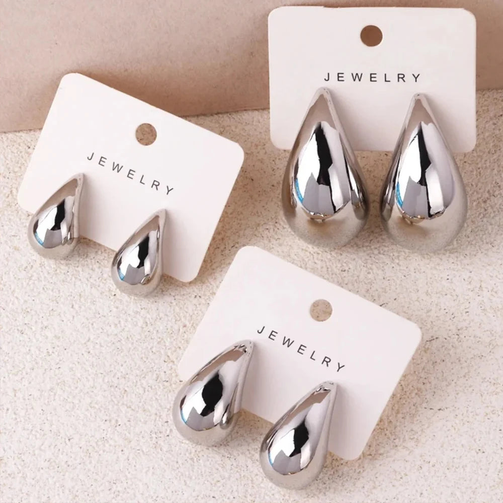 Gold Color Water Drop Earring Stud Simple Design Ins Women Post Earrings 3 Size Available Silver Color Big Surface Girls Jewelry