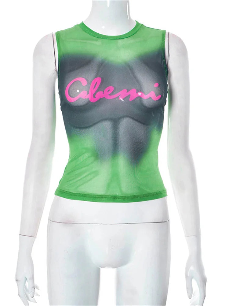 Simenual Fairy Grunge Tie Dye Printed Sleeveless Tank Top Sexy Mesh See Through Crop Tops Women Hot Club Vest Y2K Slim Clothing