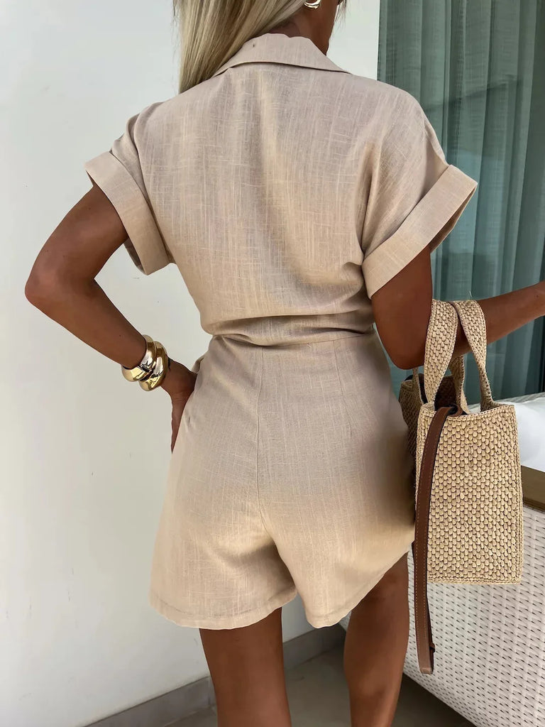 Autumn Romper for Women Jumpsuit Print Pocket Romper V Neck Cotton Linen Loose Wide Legs Casual Pants Streetwear Spring 2025