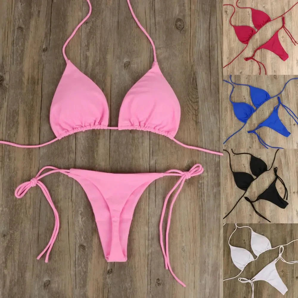 Women’s 2025 Solid Halter Triangle Bikini – Two‑Piece Thong Swimsuit for Summer Beachwear