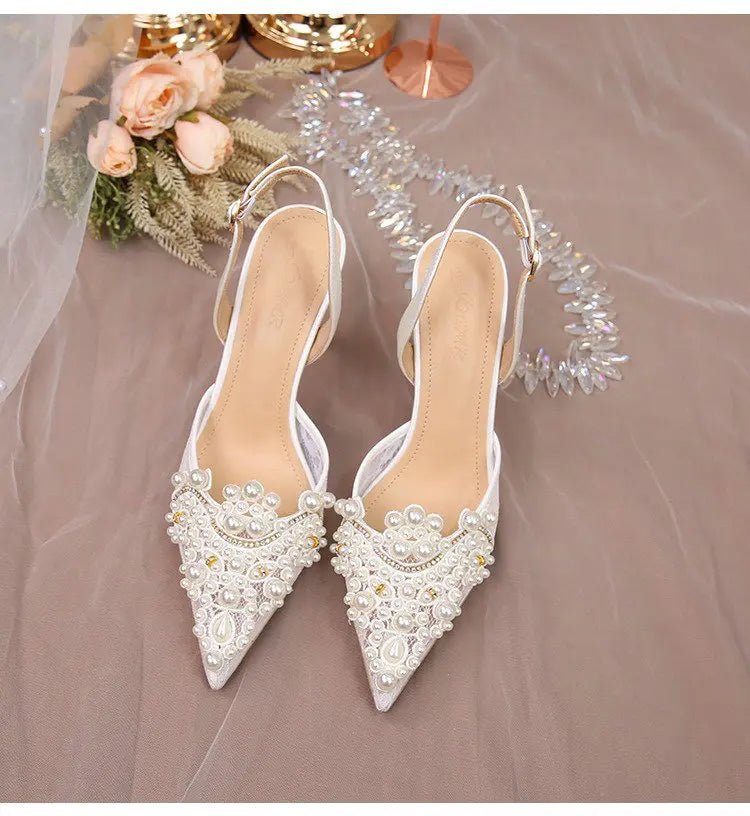 2025 White Wedding Shoes Bridesmaid Shoes Women's Lace Shoes Fashion High Heels Pearl Pumps