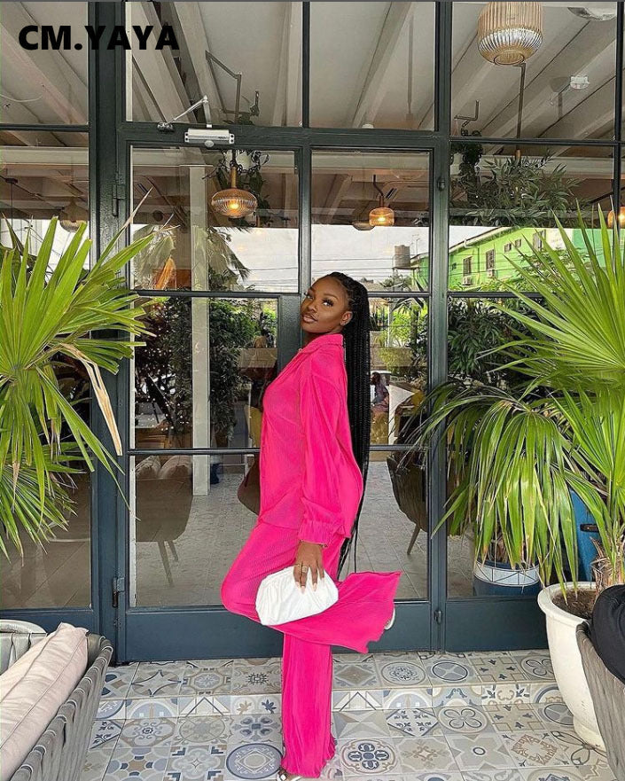 CM.YAYA Street Women's Set Long Sleeve Shirt Tops and Wide Leg Pants Elegant Tracksuit Two Piece Set Sweatsuit Fitness Outfits