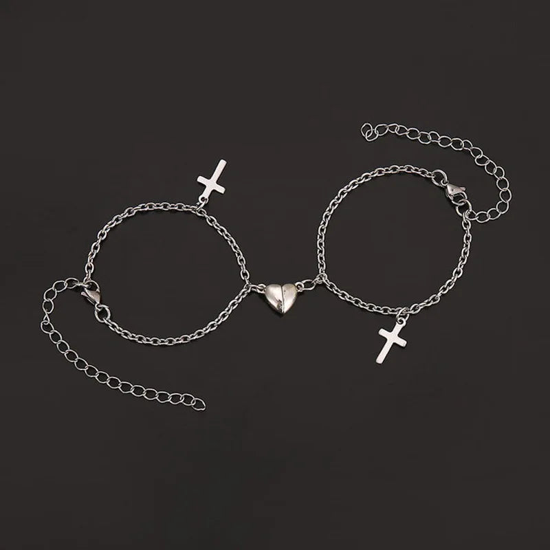 JWER 2Pcs/set Magnet Couple Bracelets Heart Attraction Bracelet Stainless Steel Charm Simple Cuban Chains Key Lock Jewelry Gifts