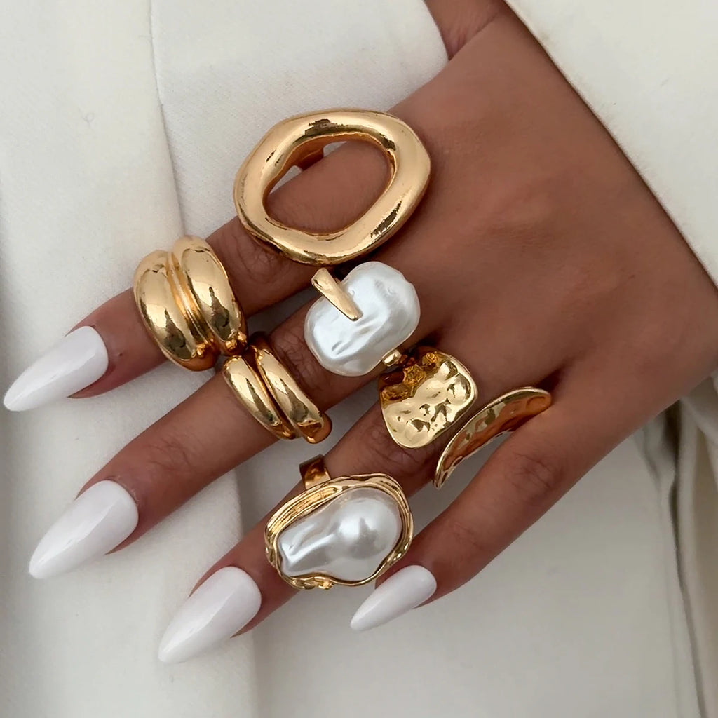Ingemark 6‑Piece Boho Pearl & Metal Ring Set