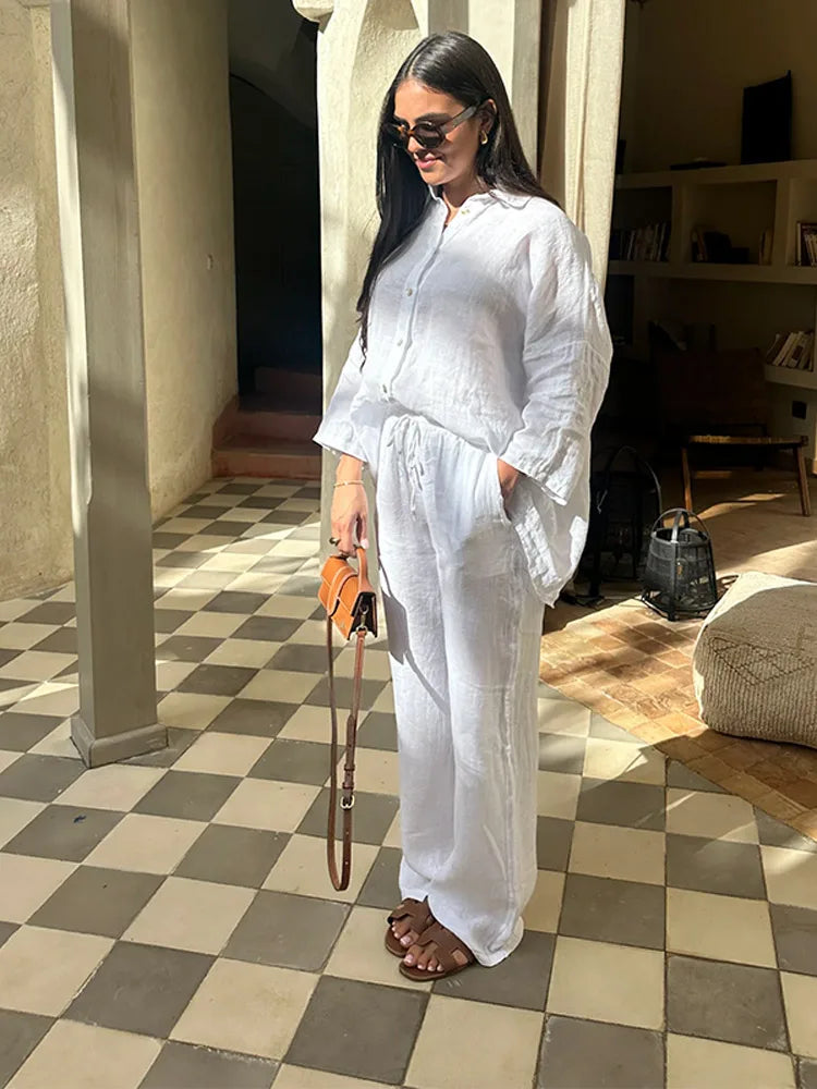 Casual Women Trousers Sets Lapel Single Breasted Long Sleeve Loose Top Wide Leg Pant Set 2025 Summer Cotton Linen Lady Suits