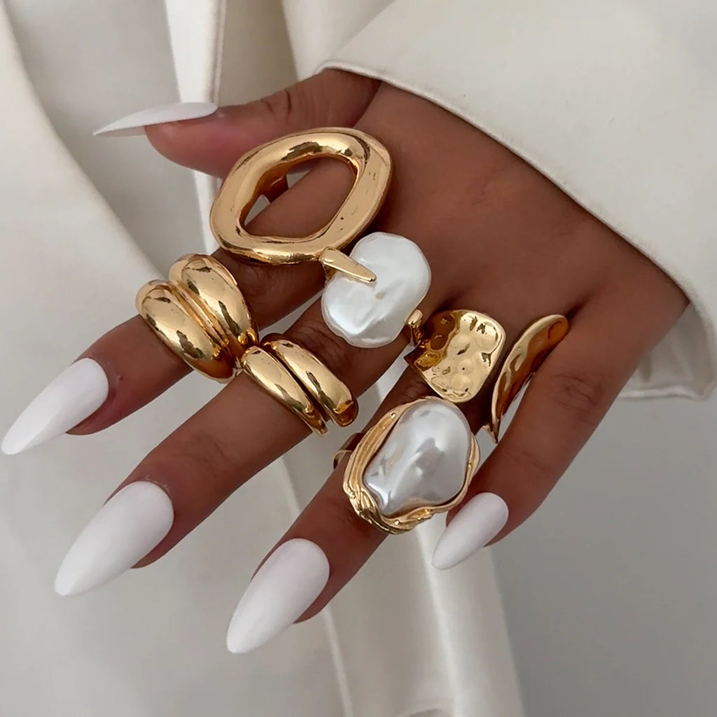 Ingemark 6‑Piece Boho Pearl & Metal Ring Set
