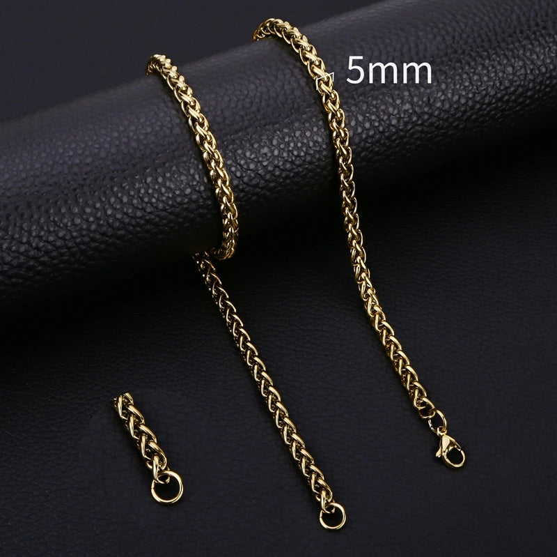 HIYEE Thickness 3/4/5/6/7/8mm Gold Color Wheat Braided Stainless Steel Necklace Link Classic Curb Chain for Men Women Jewelry