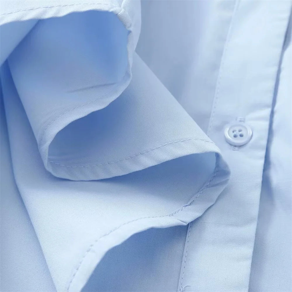 PB&ZA 2025 Women's Light Blue Oversized Collared Button - Down Shirt with 3/4 Sleeves for a Casual and Chic Look