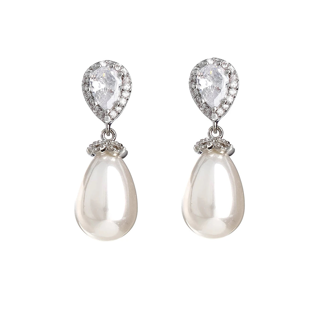 Ladies cubic zirconia pearl pendant earrings, bridesmaid bride teardrop leaf rhinestone wedding bridal earrings prom jewelry
