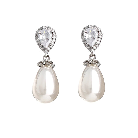 Ladies cubic zirconia pearl pendant earrings, bridesmaid bride teardrop leaf rhinestone wedding bridal earrings prom jewelry