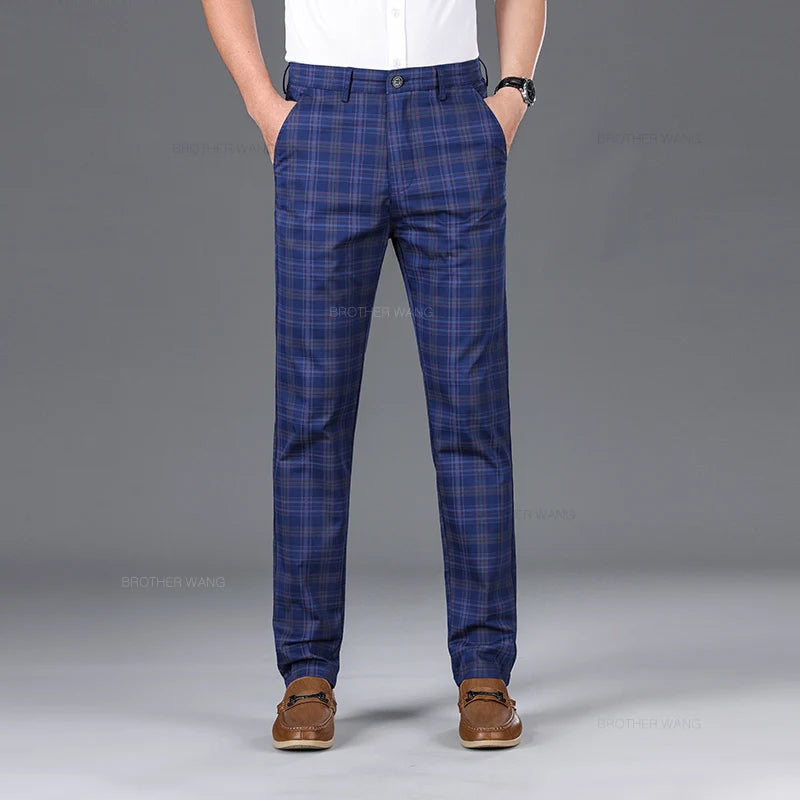 Slim‑Fit Plaid Cotton Pants