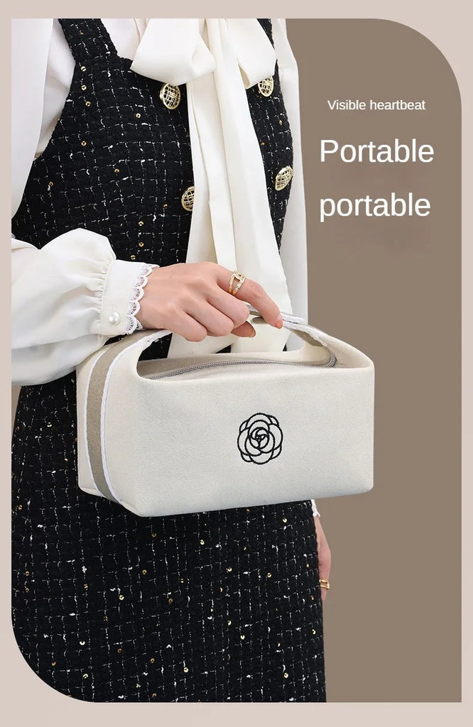 Premium Handheld Camellia Canvas Makeup Bag – Large‑Capacity Travel Toiletry & Skincare Organizer