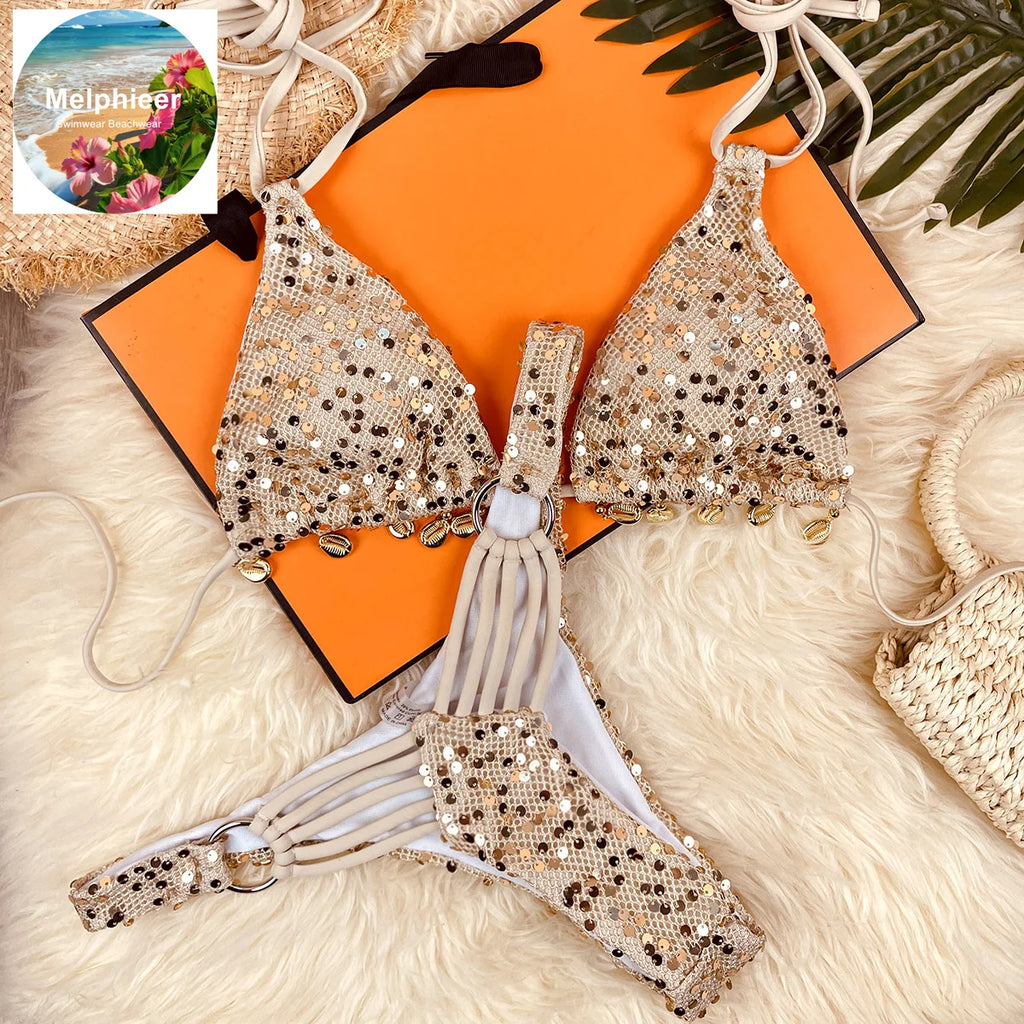 Melphieer 2026 Sparkle Shell Bikini – Designer‑Inspired Tie Bikini Set for Women’s Summer Beach Holidays