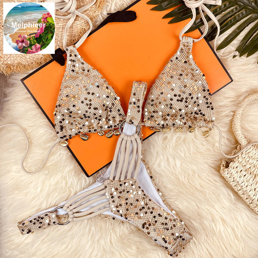 Melphieer 2026 Sparkle Shell Bikini – Designer‑Inspired Tie Bikini Set for Women’s Summer Beach Holidays