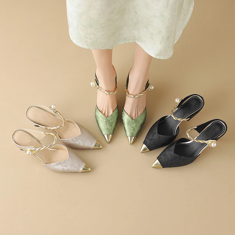 Pointed Toe Pearl Slingback Sandals