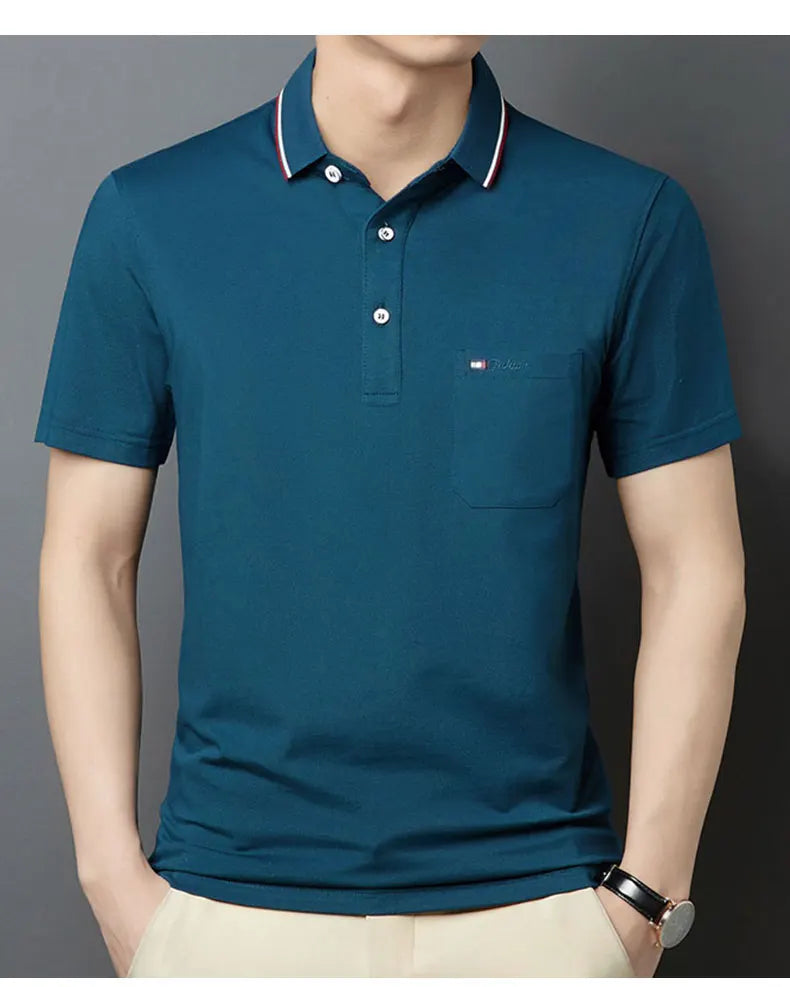 Top Grade Summer Short Sleeve Korean New Fashion Cotton Soft Pure Color Lapel Slim Fit Casual Tops Men's pocket Polo Shirts