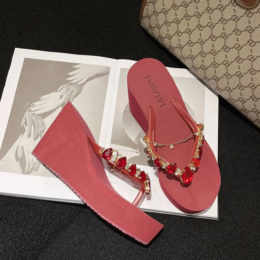 Women’s High Heeled Flip Flops — Diamond Slope Heel Slippers Elegant Beach Sandals