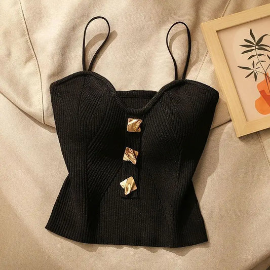 Women Knitted Camis Tank Cropped Tops Summer Fashion Lady Metallic Gold Button Slim Y2K Tube Camisole Vests TSNFS-AM0333