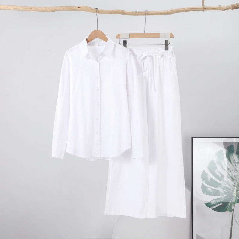Casual Cotton Solid Women Pants Sets Lapel Single Breasted Loose Top Lace Up High Waist Wide Leg Pants 2025 Spring New Lady Sets