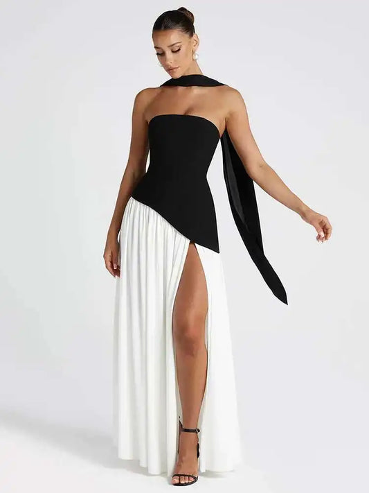 Mozision Strapless Off-shoulder Sexy Maxi Dress For Women Gown Patchwork Scarf Collar Thigh High Split Club Party Long Dress
