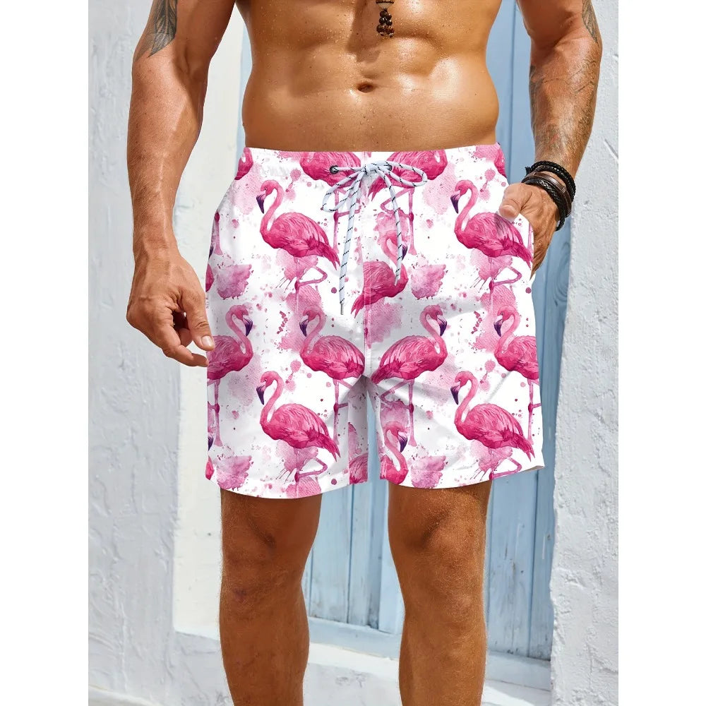 Men's Casual Beach Shorts - Quick-Dry, Drawstring Waist with Pockets, Flamingo Print, Summer Vacations Outdoor Activities
