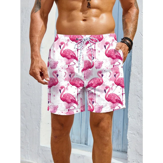 Men's Casual Beach Shorts - Quick-Dry, Drawstring Waist with Pockets, Flamingo Print, Summer Vacations Outdoor Activities