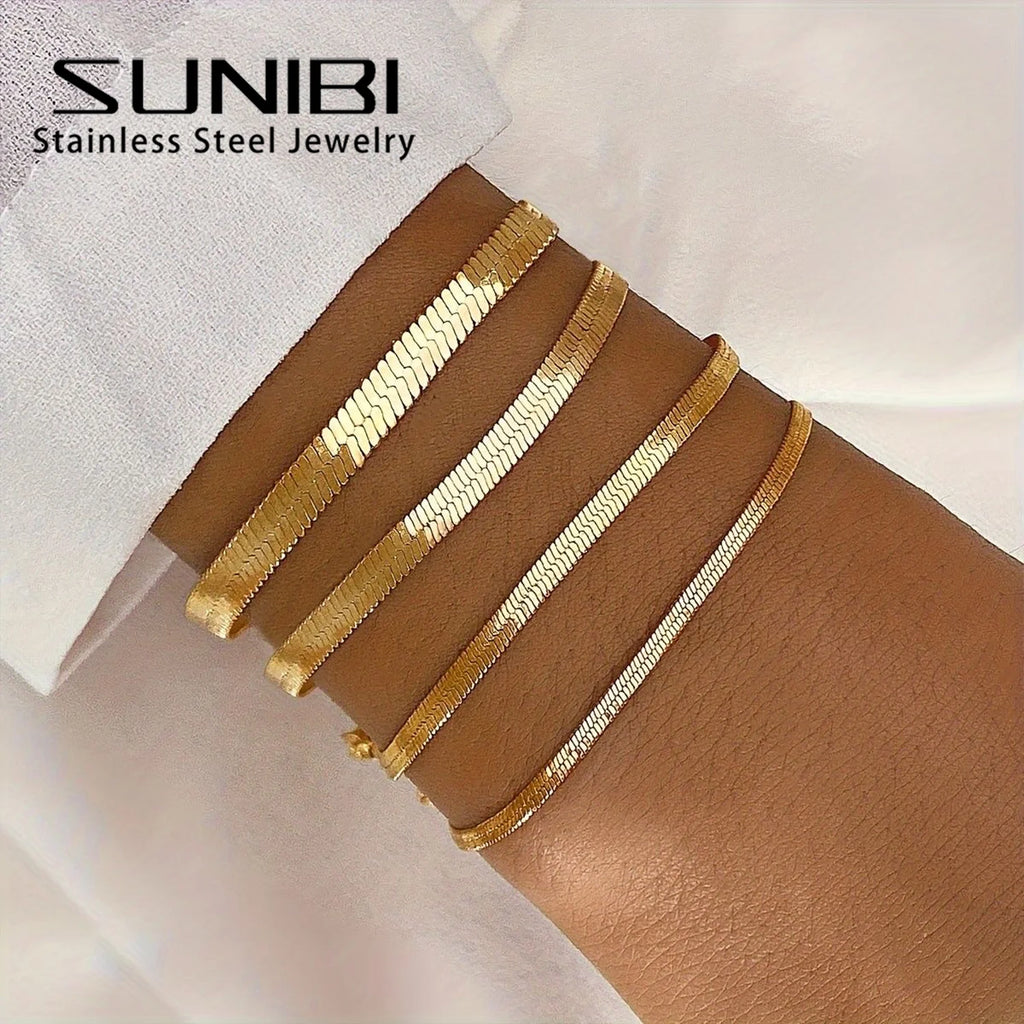 SUNIBI Women Trend Classic Snake Chain Bracelet Gold Color Width 2/3/4/5MM Stainless Steel Chain Bracelet For Women Jewelry Gift