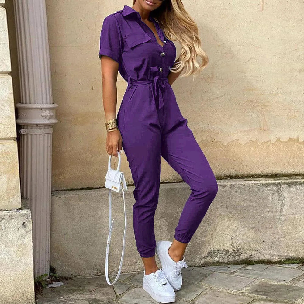 Women's Monochrome Jumpsuit 2024 Spring/Summer Comfortable Casual Flip Collar Printed Belt Work Dress Women's Jumpsuit