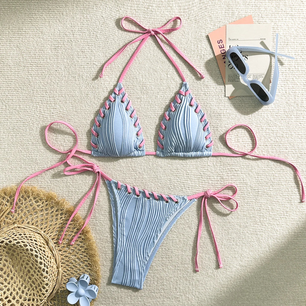 Halter Wrinkled Weave Bikini Set Women Swimwear Female Swimsuit Two Pieces Bikini Set Brazilian Bathing Suit Swim Beach Wear