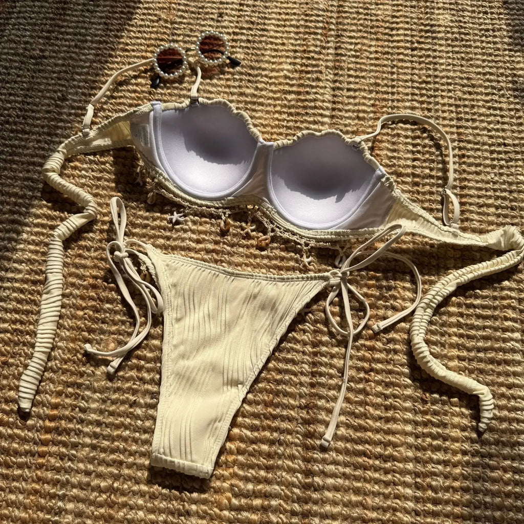 Women’s White Shell Bikini Set – Ruffled Push‑Up Underwire Thong Swimsuit with Starfish Ornaments 2025