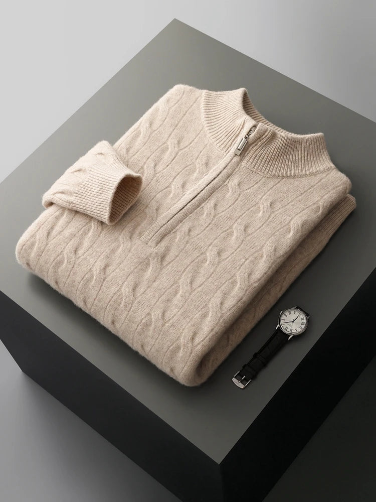 Autumn Winter Men Half Zippers 100% Merino Wool Sweater Thicken Twist Flower Pullover Retro Casual Cashmere Knitwear Solid Tops