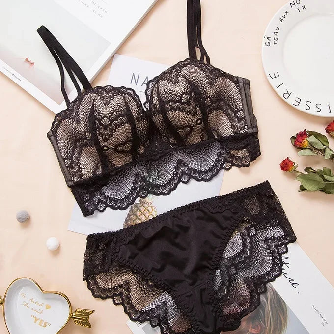 Sexy Push Up Bra Lingerie Set - Comfortable Wireless Lace Underwear, Massage Palm Cup for Lift, 75C/80C/85C
