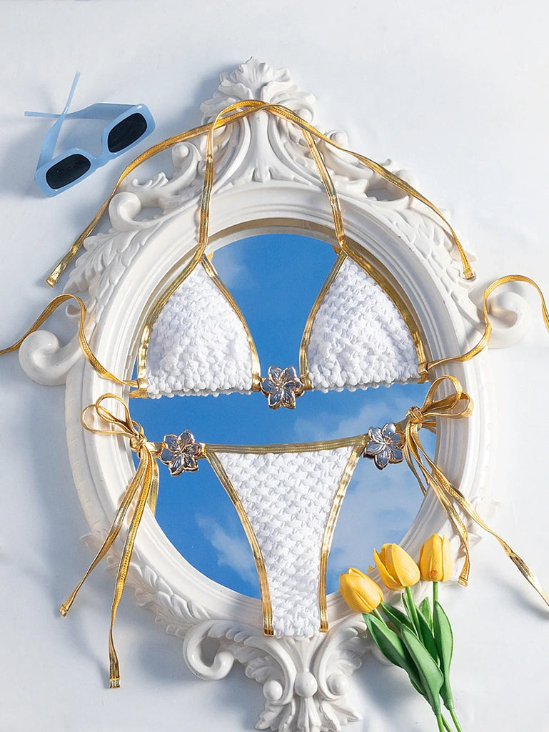 2026 Sexy White & Gold Contrast Bikini — Metal Starfish Push‑Up Triangle Micro Swimsuit for Women