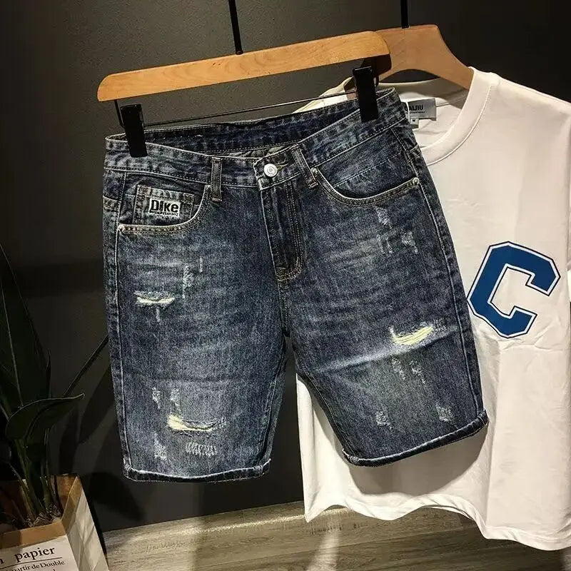 High-end 2025 New Luxury Clothing Trendy Men's Denim Shorts Loose Straight Ripped Hole Distressed Washed Cargo Short Pants