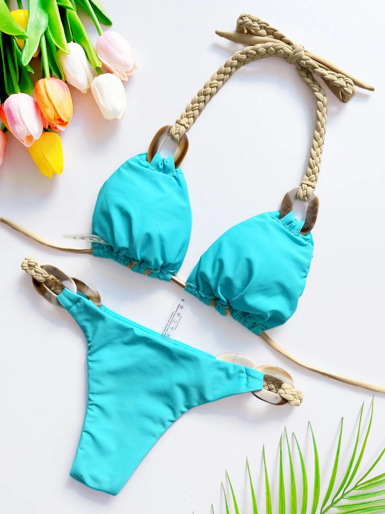 Weave triangle swimsuit lady biquinis Brazilian women bikini ring sexy bathing suit 2025 two pieces suits Halter micro swimwear