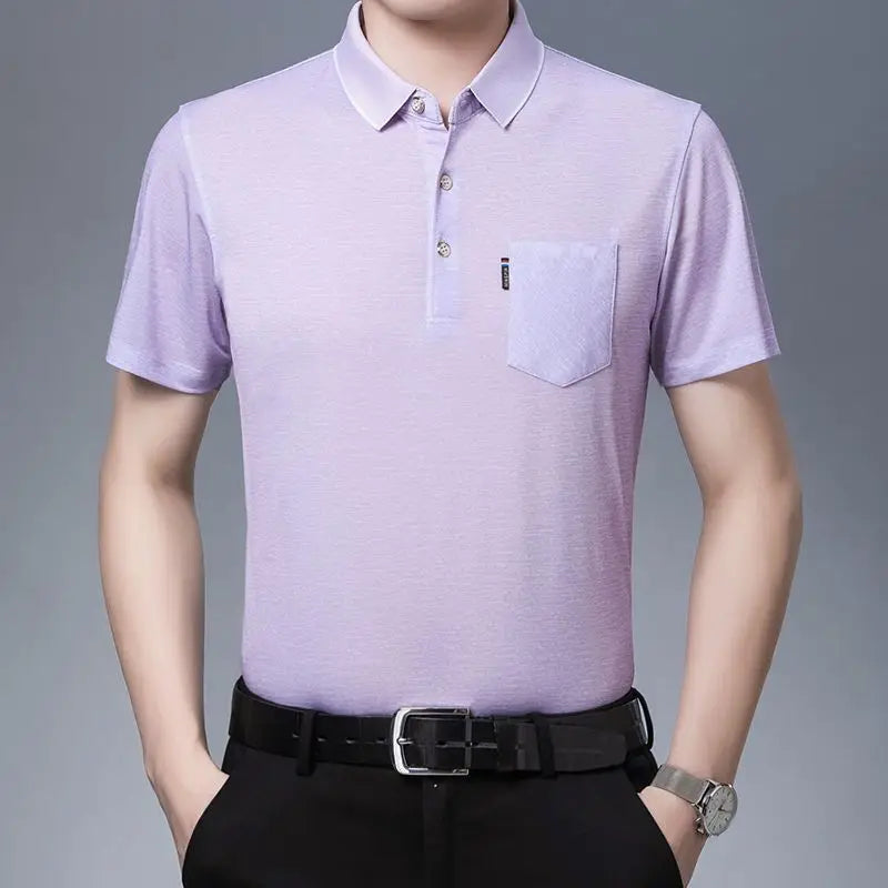 New Summer Men's Short Sleeved T-shirt Ice Silk Middle Aged Lapel Polo Shirt