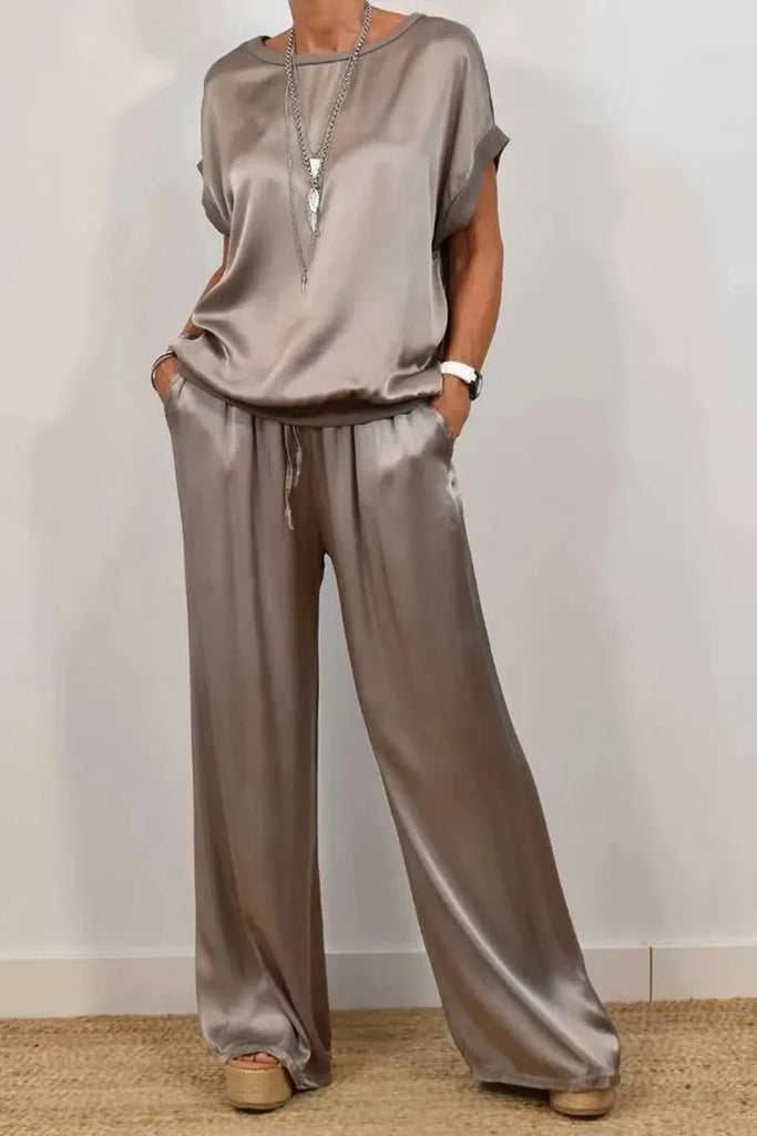 2025 Spring Satin Oversize Women Suit Black V-neck Tops Long Pants Loose Suits Female Summer Casual Trendy Ladies Clothes Sets