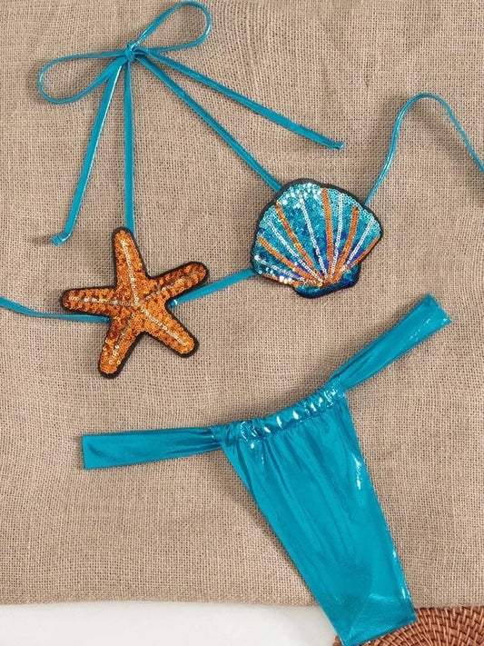 2025 New Sexy Low Waisted Bikini Set Swimsuit Starfish Swimwear Women Solid Strappy Beachwear Bathing Suits Brazilian Biquini