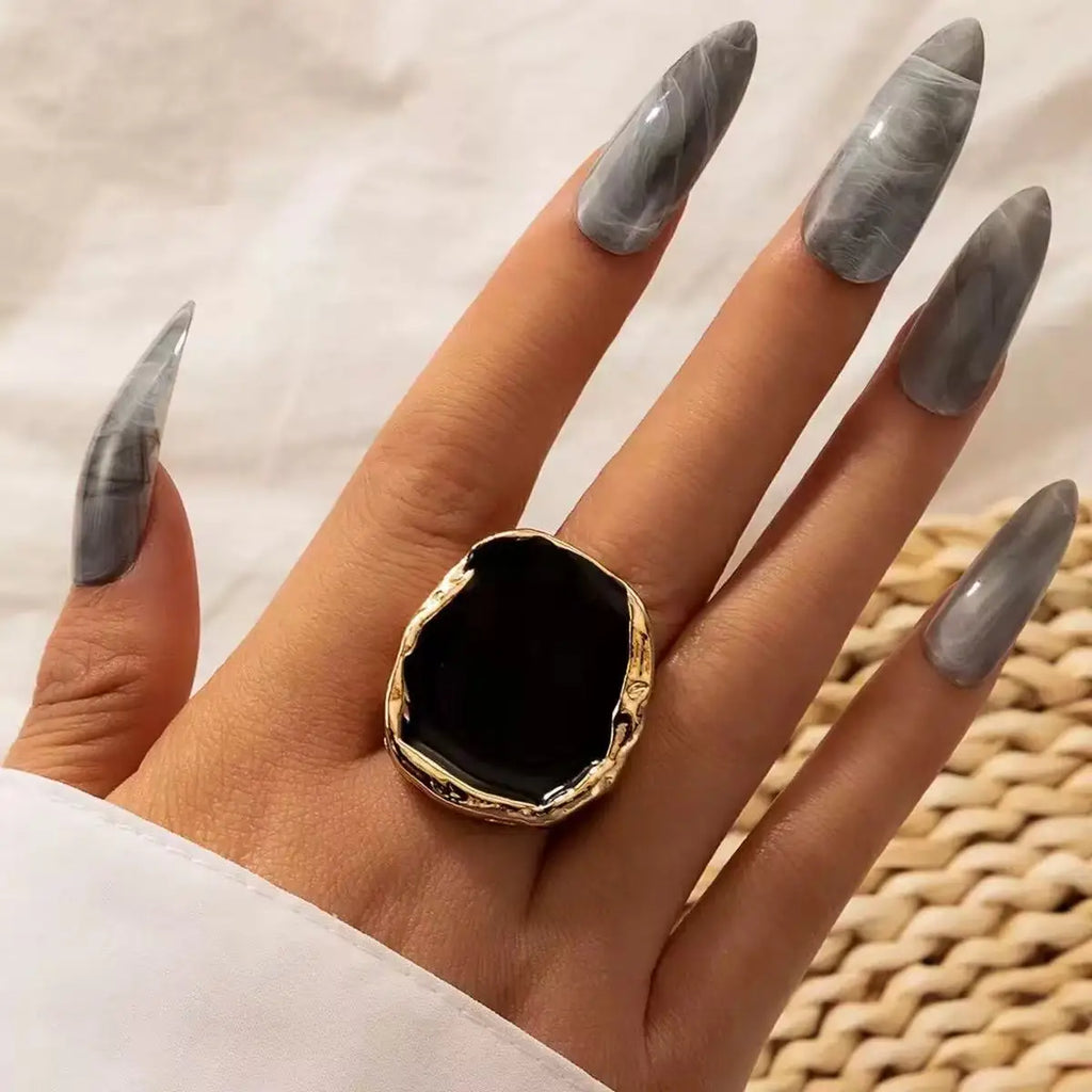 Bohemian Metal Big Black Stone Ring – Gothic Vintage Statement Jewelry for Men & Women